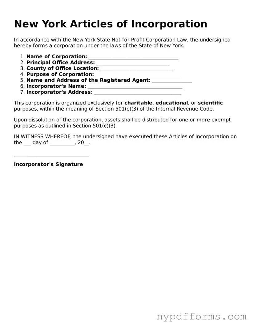 Legal Articles of Incorporation Document for New York State