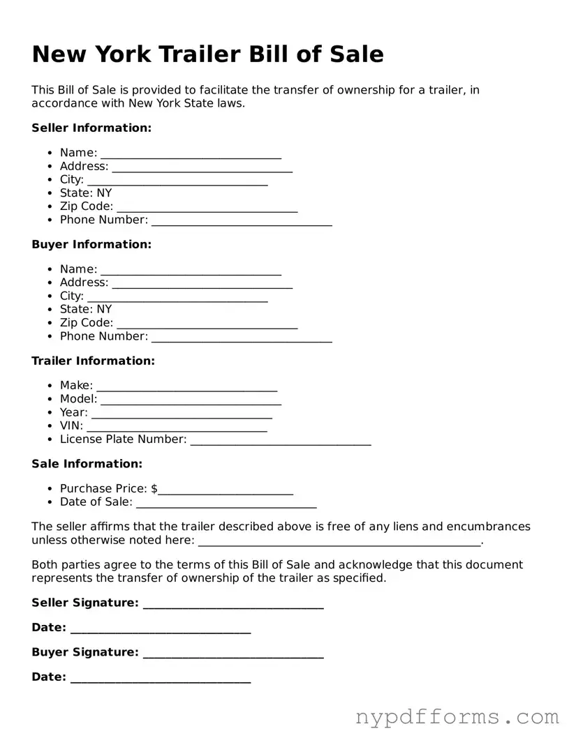 Legal Trailer Bill of Sale Document for New York State