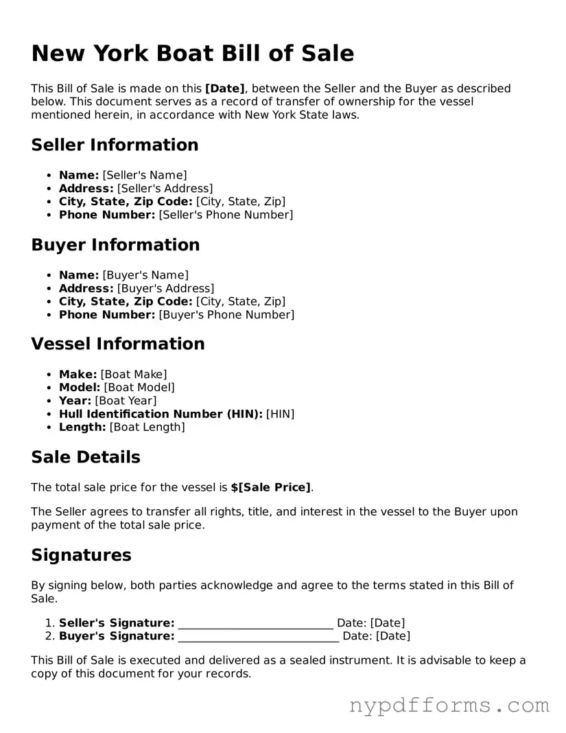 Legal Boat Bill of Sale Document for New York State