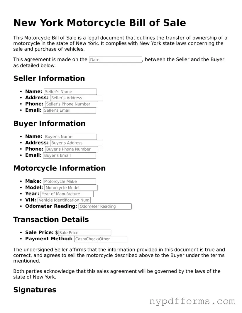 Legal Motorcycle Bill of Sale Document for New York State
