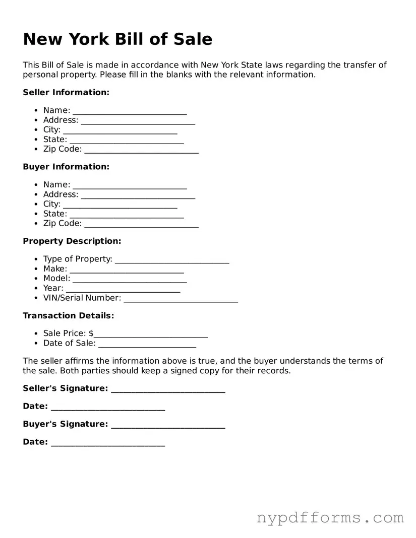 Legal Bill of Sale Document for New York State