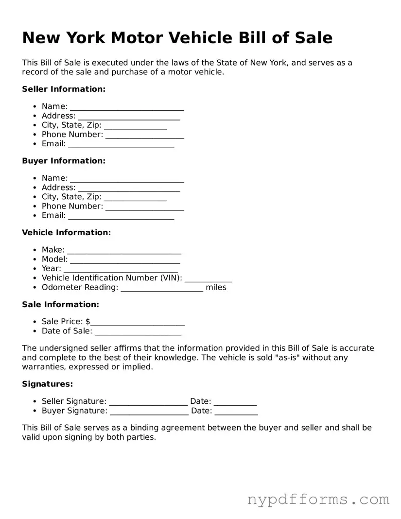 Legal Motor Vehicle Bill of Sale Document for New York State