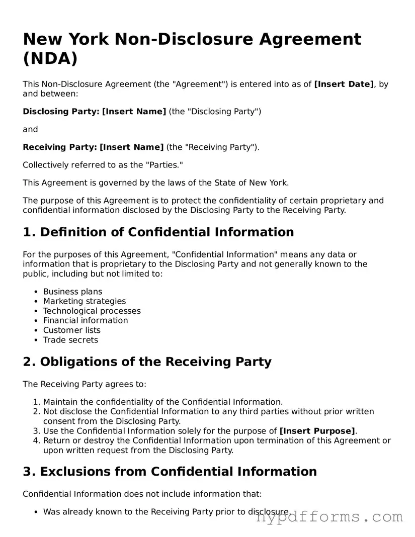 Legal Non-disclosure Agreement Document for New York State