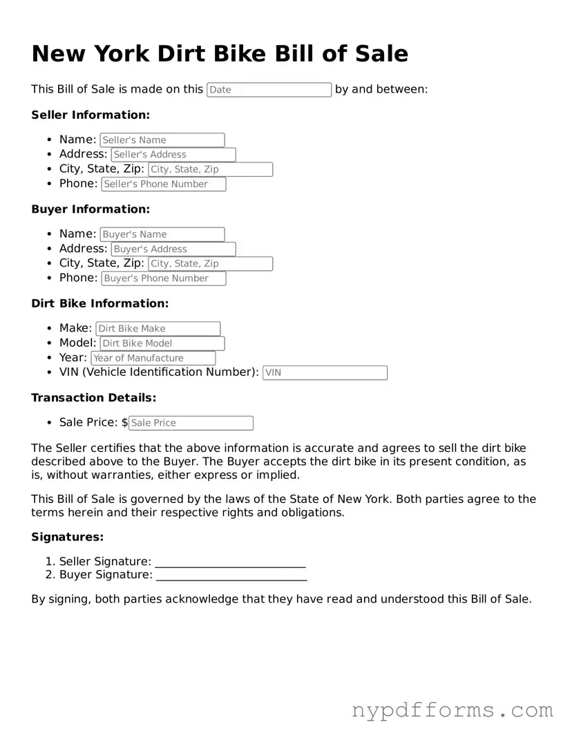 Legal Dirt Bike Bill of Sale Document for New York State
