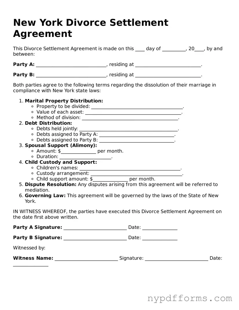Legal Divorce Settlement Agreement Document for New York State