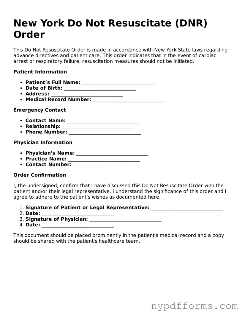 Legal Do Not Resuscitate Order Document for New York State