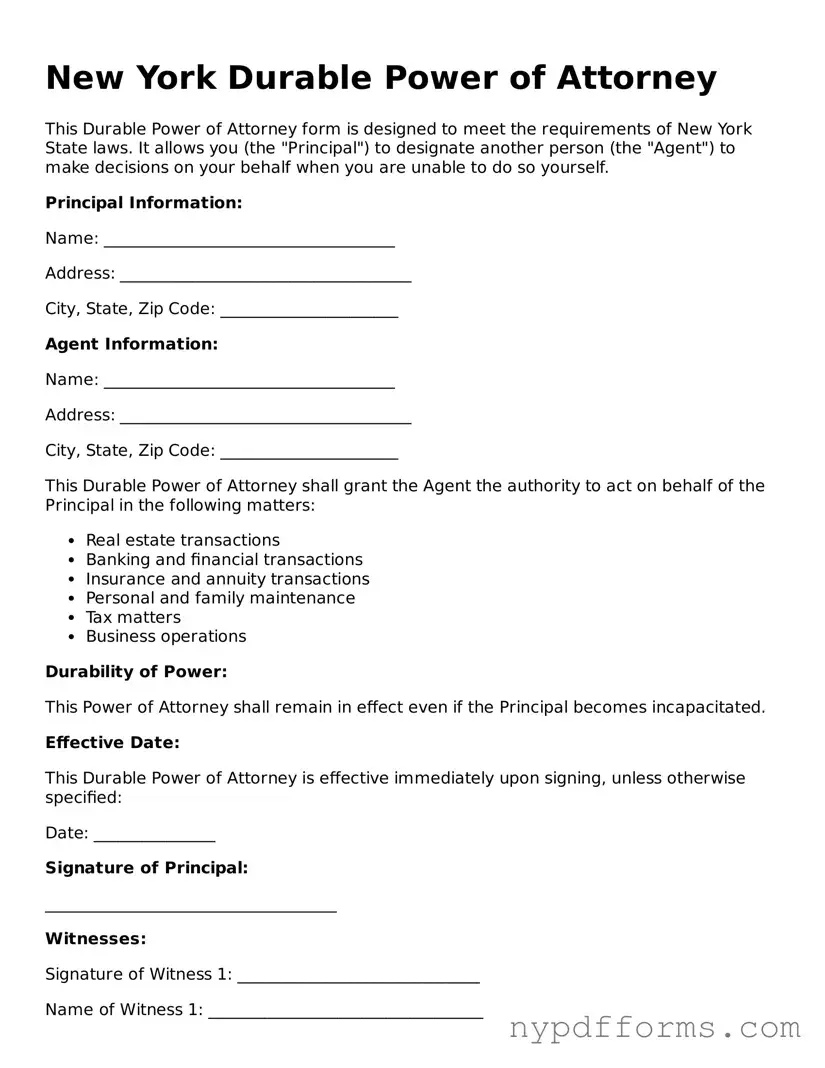 Legal Durable Power of Attorney Document for New York State