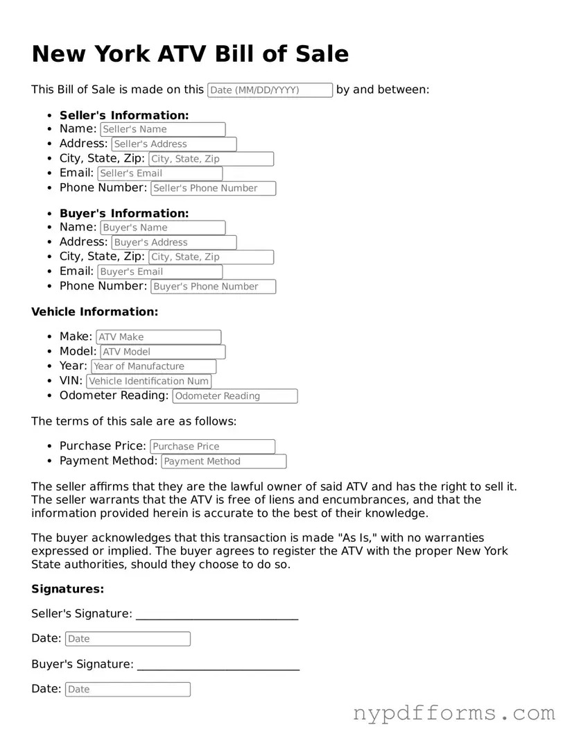 Legal ATV Bill of Sale Document for New York State