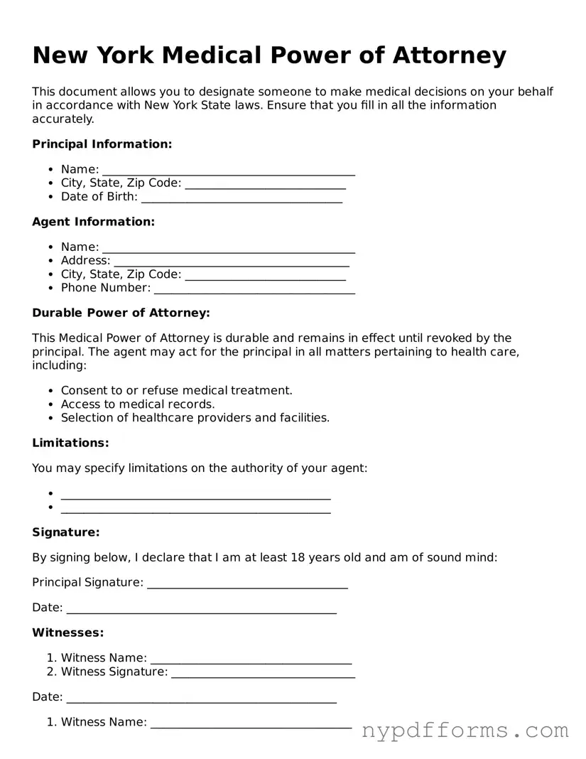 Legal Medical Power of Attorney Document for New York State