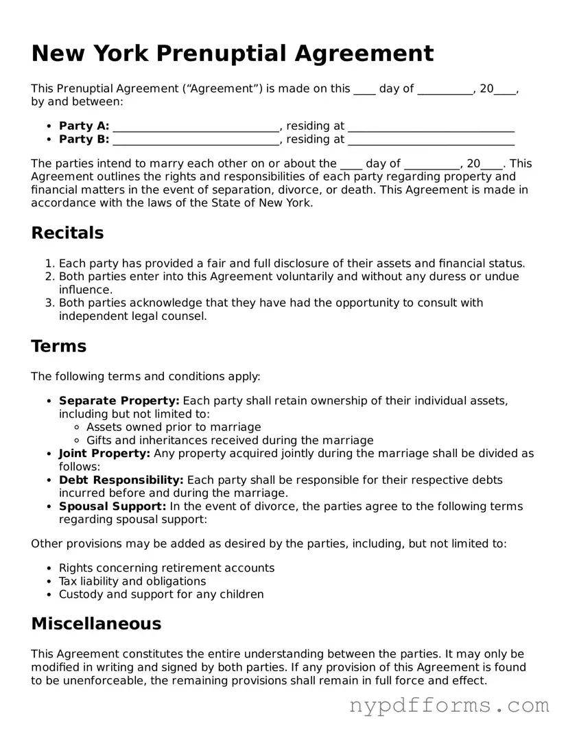 Legal Prenuptial Agreement Document for New York State