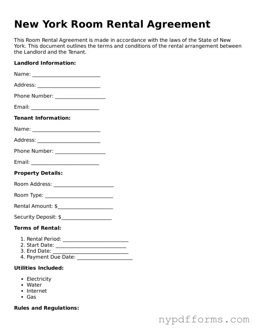 Legal Room Rental Agreement Document for New York State
