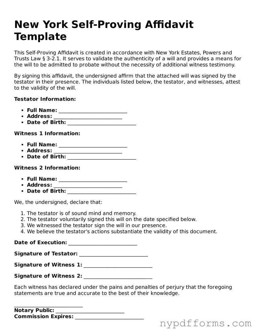 Legal Self-Proving Affidavit Document for New York State