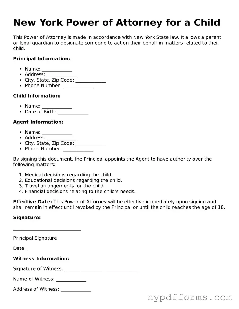 Legal Power of Attorney for a Child Document for New York State