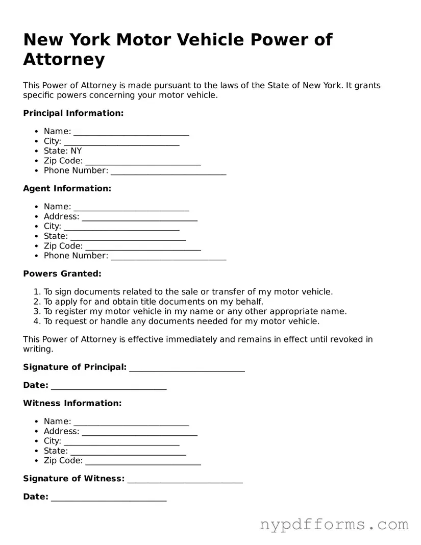 Legal Motor Vehicle Power of Attorney Document for New York State