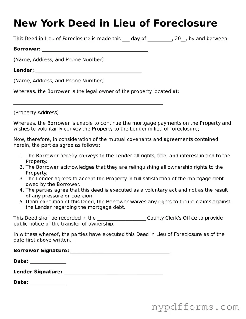 Legal Deed in Lieu of Foreclosure Document for New York State