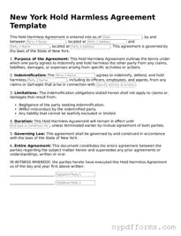 Legal Hold Harmless Agreement Document for New York State
